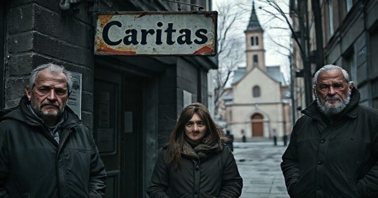 Zdjęcie przedstawiające bezdomnych w Polsce przed schroniskiem Caritas, ilustrujące brak duchowego wsparcia w nowoczesnych programach pomocowych.