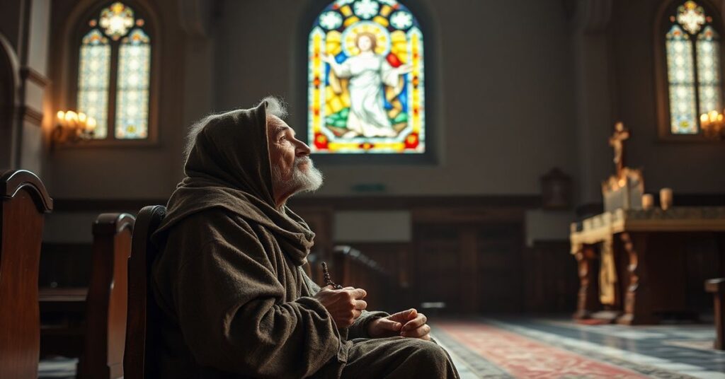 Bezdomny Sylwek modlący się w tradycyjnym kościele katolickim przed witrażem przedstawiającym Chrystusa Króla