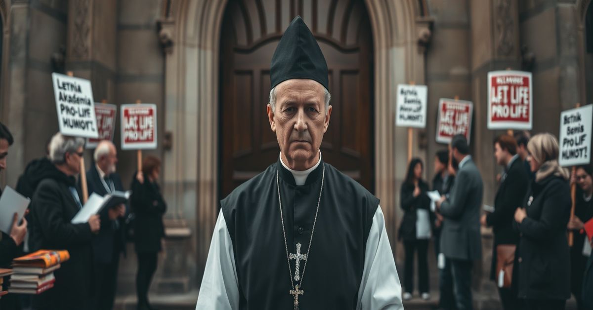 Tradycyjny kapłan w sutannie i birzecie stoi przed zamkniętymi drzwiami kościoła otoczony współczesnymi symbolami humanizmu.