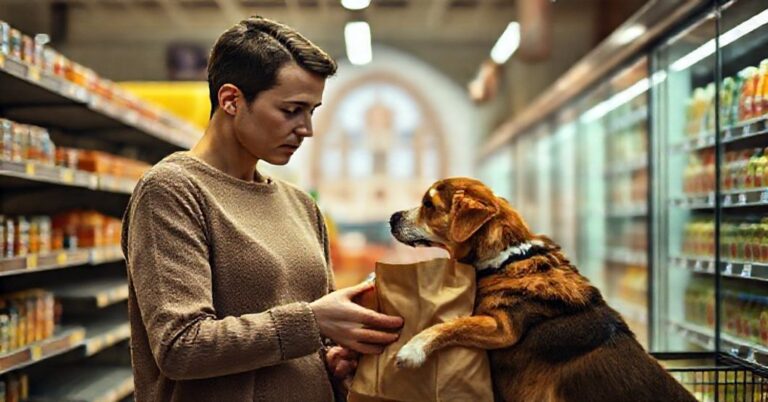 Młoda bezdzietna para włoska patrzy smutnie na psa przy płacie z karmą dla zwierzęt w supermarketach, symbolizując kryzys demograficzny i apostazję we Włoszech.