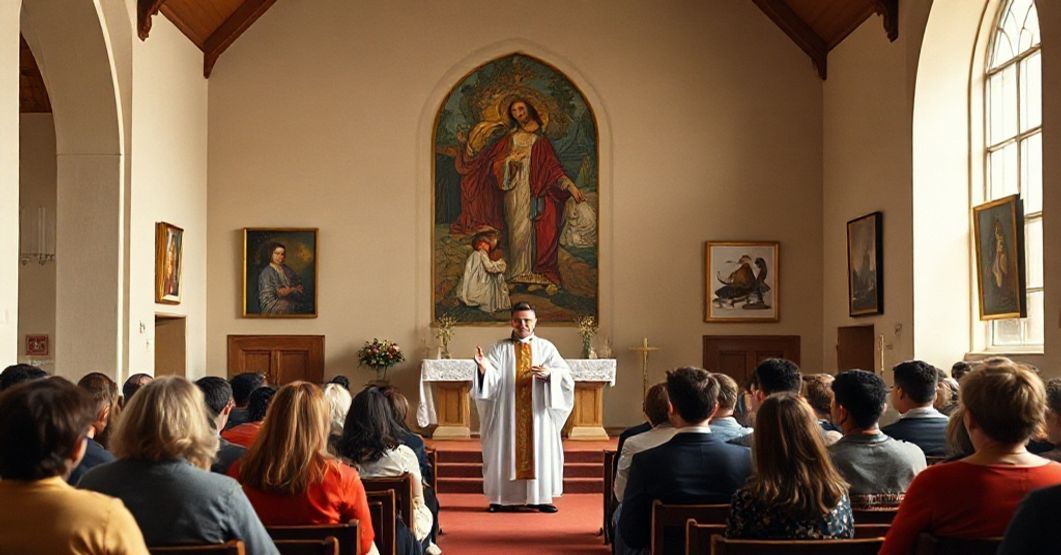Beczka - 60 lat naturalizmu w duszpasterstwie akademickim Wnętrze kaplica katolickiej z młodym księdzem prowadzącym nowoczesną kaznodziejską homilię do grupy studenci uniwersyteckich w latach 60. XX wieku. Kapłan jest pozbawiony powagi i tradycyjnej pobożności.