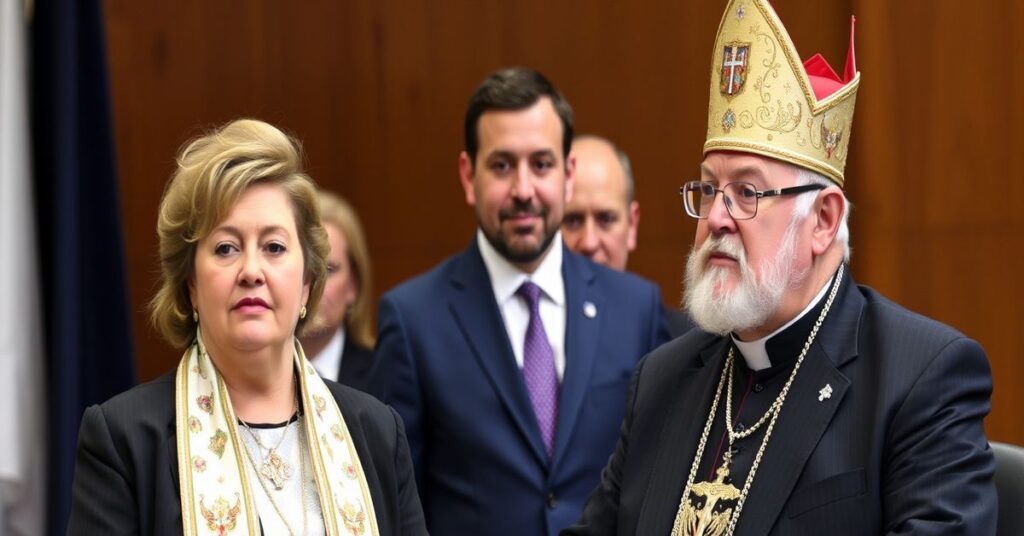 Rzymska stolica Polski z katedrą Wawelską i politykami dyskutującymi o ustawie SAFE, z Majestatem Chrystusa Króla w tle.