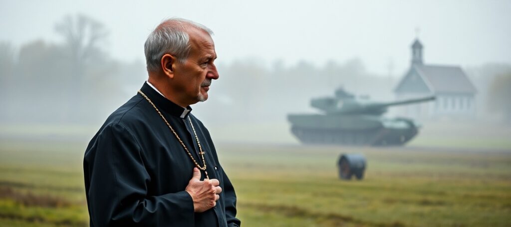 Ksiądz w czarnej sutannie modli się przed polską bazą wojskową podczas wyjazdu amerykańskich żołnierzy z Europy