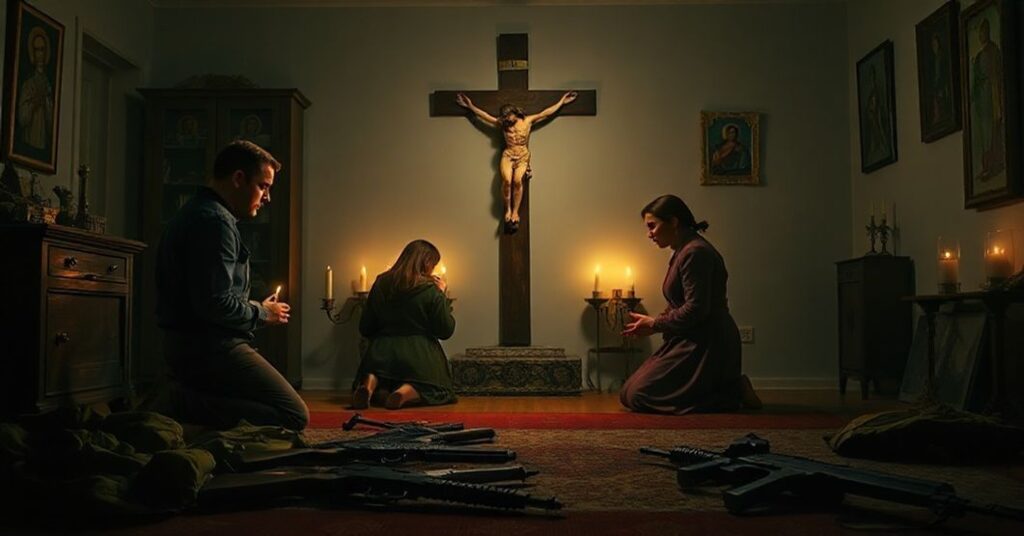 Rodzina modląca się przed krzyżem w tradycyjnym domostwie polskim z porzuconymi wojskowymi strojami u jej stóp.