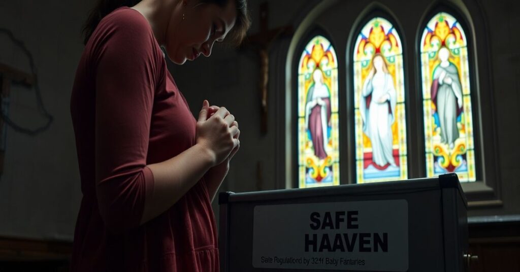 Młoda matka stoi przed skrzynką 'Safe Haven' w kościele w Wisconsin, wyrażając wewnętrzną walkę i rozpacz z powodu porzucenia dziecka