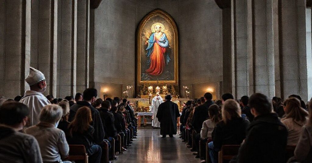 Młodzieżowa manifestacja w białostockiej archikatedrze z rzekomym "arcybiskupem" Józefem Guzdkiem przed obrazem fałszywej Matki Bożej Miłosierdzia