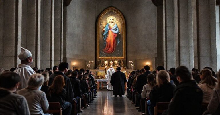 Młodzieżowa manifestacja w białostockiej archikatedrze z rzekomym "arcybiskupem" Józefem Guzdkiem przed obrazem fałszywej Matki Bożej Miłosierdzia