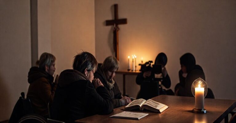 Grupa osób z niepełnosprawnościami pracujących przy produkcji filmu podczas festiwalu w Białej Podlaskiej, z subtelnymi symbolami religijnymi w tle.