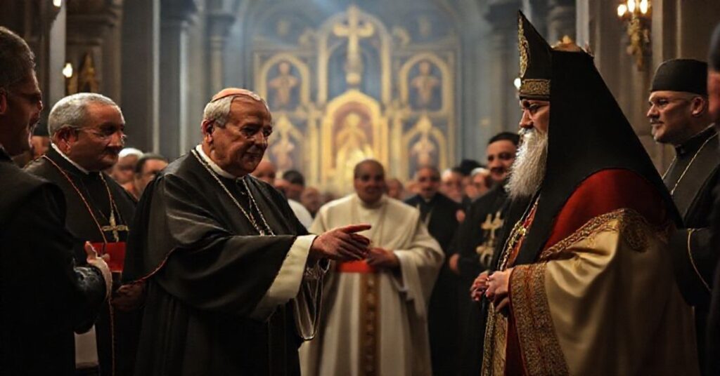 Scena przedstawiająca rzekome "papieżowe" spotkanie w Białorusi z kardynałem Claudio Gugerottim i władzami Białorusi w tradycyjnym kościele katolickim.