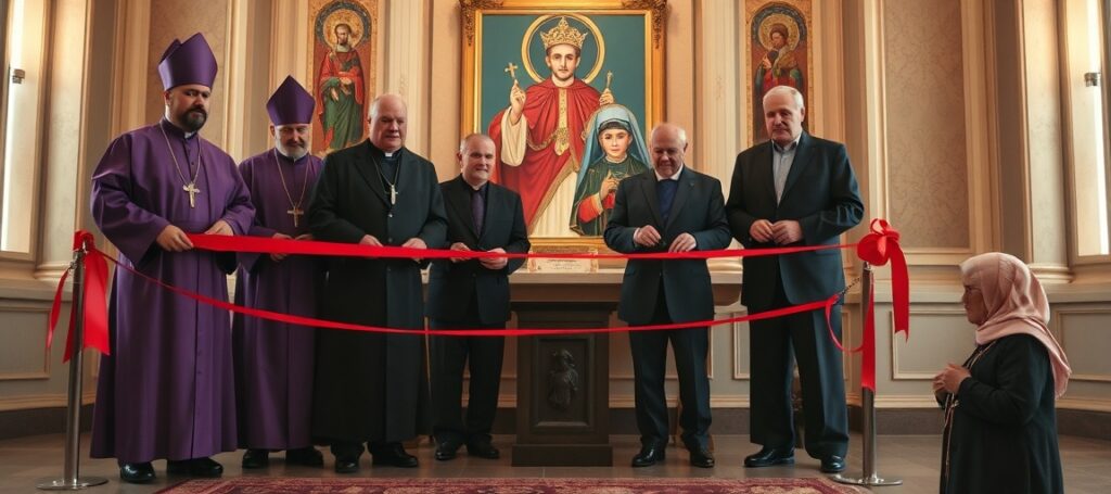 Kolaboracja białoruskich posoborowców z reżimem Łukaszenki podczas otwarcia muzeum 'Kroki Wiary' z szatami antipapieża Franciszka i kardynała Świątka — symbol apostazji i państwowego podporządkowania struktur kościelnych.