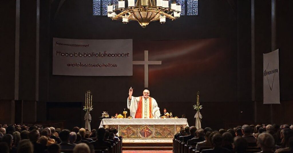 Widok wnętrza katedry w Białymstoku podczas fałszywej uroczystości końcowej "roku jubileuszowego" pod przewodnictwem "arcybiskupa" Józefa Guzka.