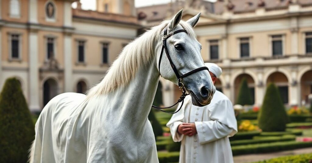 Biały arabski koń prezentowany antypapieżu w ogrodach watykańskich, symbolizujący pustość nowego porządku kościelnego