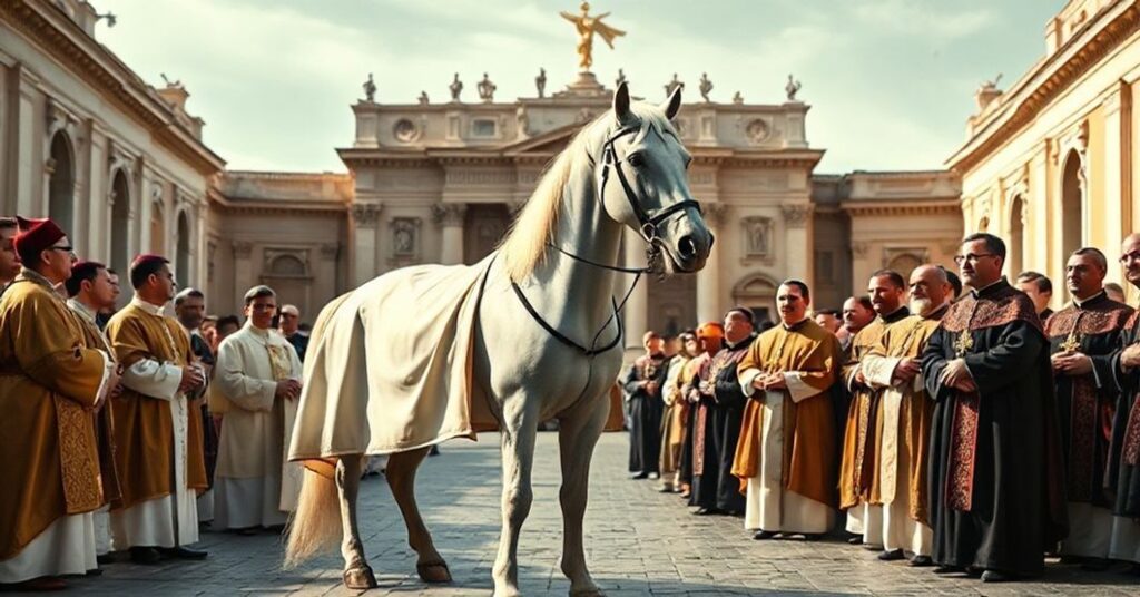 White Arabian horse presented to an antipope in Vatican City, symbolizing Christ the King, with bishops in traditional vestments and somber architecture in the background.