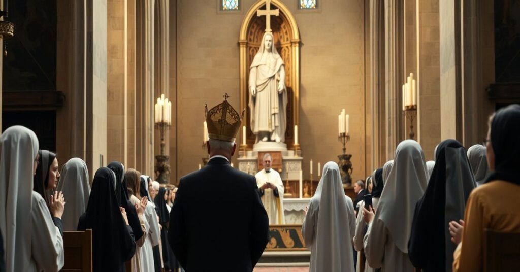 Uroczyściowa ceremonia religijna w archikatedrze białostockiej z "biskupem" Henrykiem Ciereszkiem głoszącym homilię dla zgromadzenia nowoczesnych sióstr zakonych i księży. Pusty tron arcybiskupi symbolizuje wakat na Stolicy Apostolskiej. Scena oświecona światłem świec jest kontrastem tradycyjnych katolickich stroju liturgicznych i ozdob altarza z nowoczesnymi gestami i wyrazami twarzy uczestników.