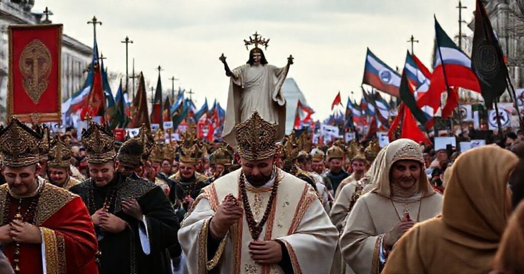 Procesja katolicka w Mińsku na tle protestów biało-czerwonych