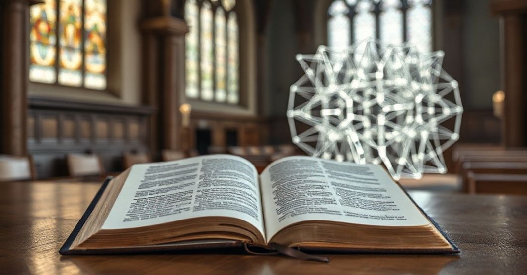 Biblia i metaloorganiczne sieci porowate: konflikt materializmu z Bożym porządkiem Otwarta Biblia na drewnianym stole z metaloorganiczną siecią porowatą w tle - symbolizuje napięcie między ludzkim osiągnięciem naukowym a boskim porządkiem