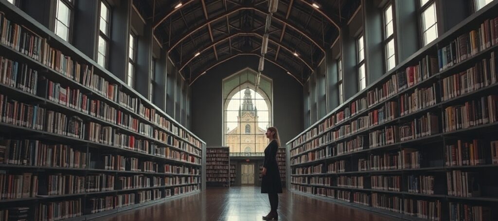 Obraz przedstawia pustą bibliotekę z wysokimi sufitami i szeregami książek. Anna Goc stoi samotnie wśród półek. Na tle widoczna jest odległa wieża kościelna.