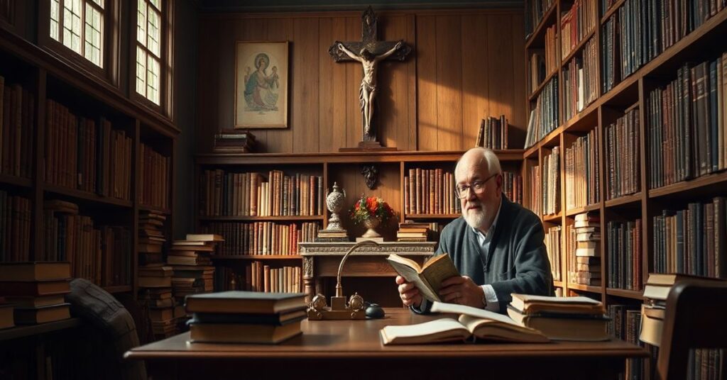 Serious discussion in a traditional Catholic library, philosopher Karol Grabias debates modernist 'communities of intimacy' against Church teachings.