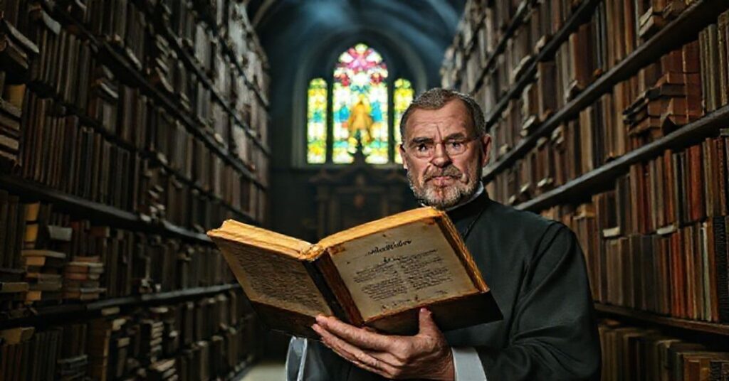 Tradycyjna katolicka biblioteka z księgozbiorem oparcymi księgami. Ksiądz Tomasz Stawiszyński trzyma stary niekanoniczny tekst przy opuszczonym tabernakulum.