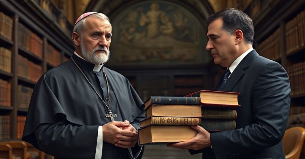 Tradycyjny katolicki ksiądz w Bibliotece Watykańskiej wyraża smutek przy odbiorze islamskich publikacji od azerskiego urzędnika