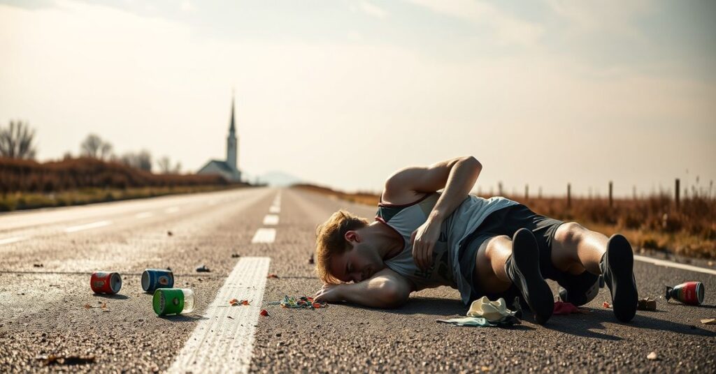 Przerażony biegacz upada na trasie maratonu, otoczony odrzuconym sprzętem sportowym z widocznym kościołem na horyzoncie.