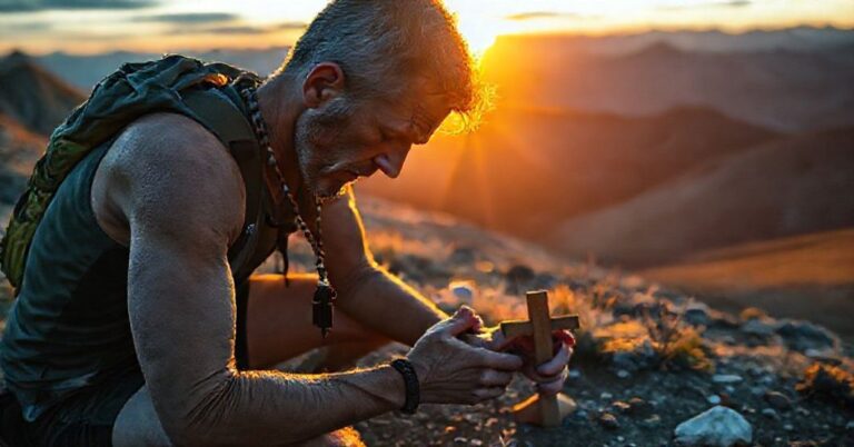 Męczalny biegacz ultramaratoński modli się na górskim szlaku przy zachodzie słońca