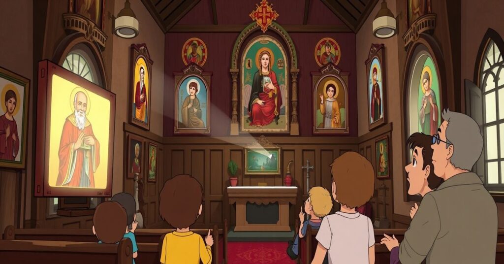 Katolicki kościół z grupą dzieci oglądających film animowany na starej projekcji, otoczone ikonami świętych i sztuką religijną.