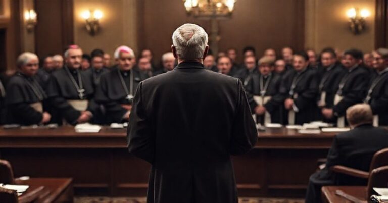 Scena z posiedzenia USCCB, gdzie "bp" Joseph Strickland stoi samotnie z Biblią, wobec milczących "biskupów", w tym "bp" Daniela Floresa. W tle kler celebruje bierzmowanie Gio Beniteza z jego partnerem Tommy'm DiDario.