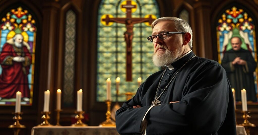 Portret Billa Barra w liturgicznych szatach przed ołtarzem z krzyżem i świecami, symbolizujący tradycyjne katolickie nauczanie o sprawiedliwej wojnie.