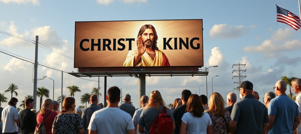 Billboard z napisem 'Chrystus jest Królem' w Pompano Beach w hrabstwie Broward na Florydzie
