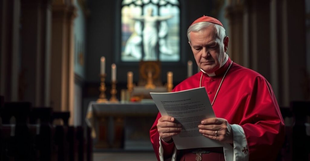 Sobór katolicki z tradycyjnymi elementami, nowy biskup w stroju liturgicznym trzyma dokument wspierający LGBT, w tle znikający ołtarz Mszy Trydenckiej