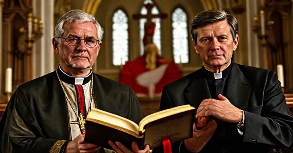 Biskup Robert Barron i sekretarz Robert Kennedy w tradycyjnym katolickim otoczeniu, podkreślającym naturalny porządek i boską władzę Chrystusa Króla w walce z ideologią gender.