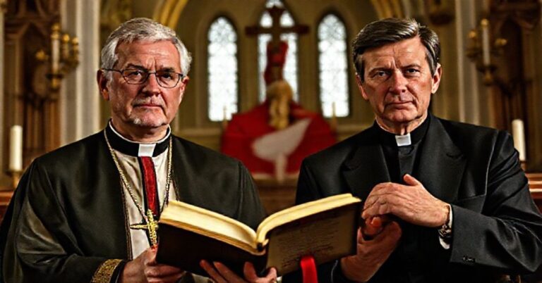 Biskup Robert Barron i sekretarz Robert Kennedy w tradycyjnym katolickim otoczeniu, podkreślającym naturalny porządek i boską władzę Chrystusa Króla w walce z ideologią gender.