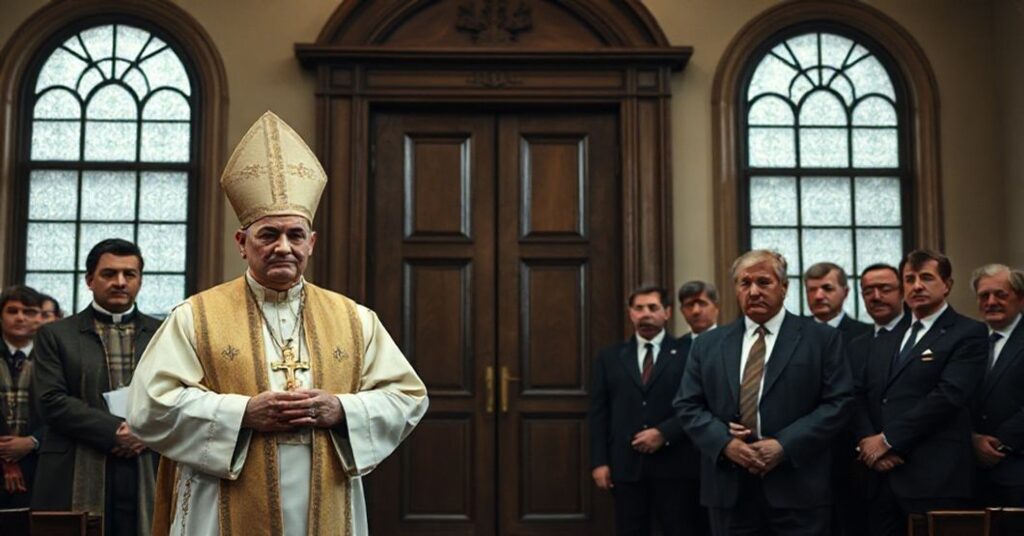 Biskup w tradycyjnych szatach stoi przed zamkniętymi drzwiami kościoła, trzymając krzyż przed grupą urzędników w współczesnych garniturach w historycznej sali sądowej.