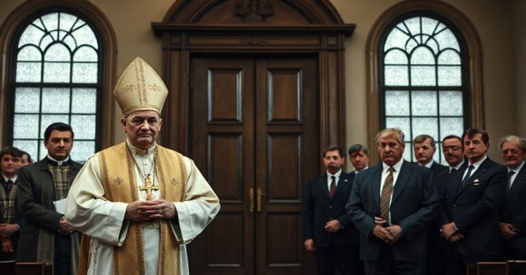 Biskup w tradycyjnych szatach stoi przed zamkniętymi drzwiami kościoła, trzymając krzyż przed grupą urzędników w współczesnych garniturach w historycznej sali sądowej.