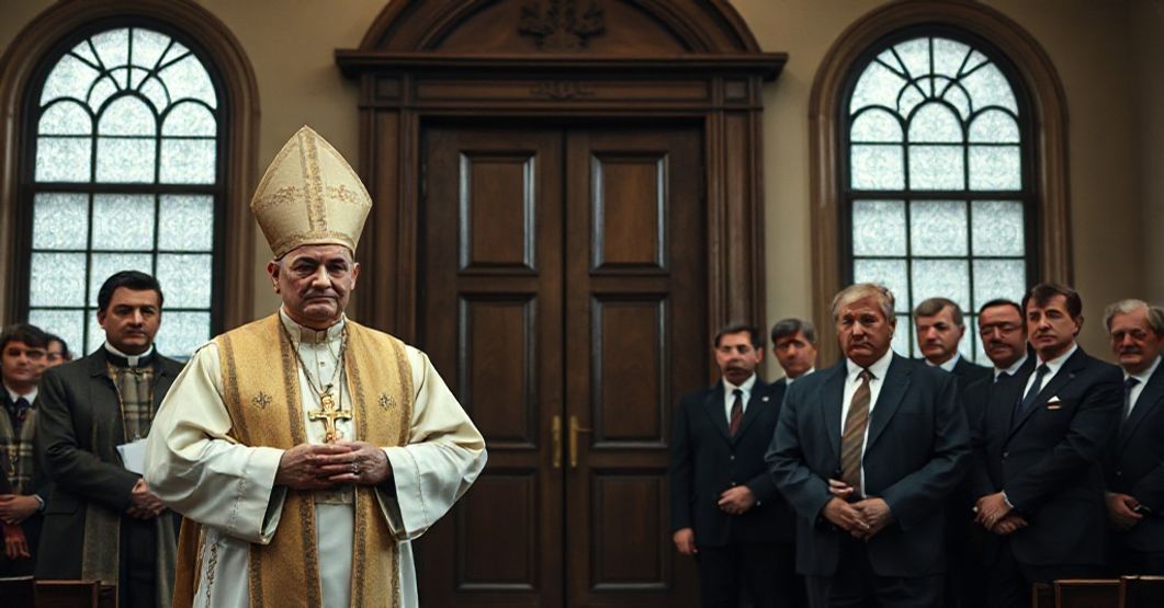 Biskup w tradycyjnych szatach stoi przed zamkniętymi drzwiami kościoła, trzymając krzyż przed grupą urzędników w współczesnych garniturach w historycznej sali sądowej.