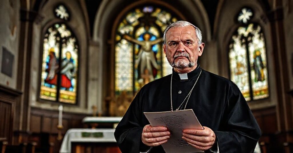 Biskup w tradycyjnym ornaty stoi przed ołtarzem kościoła z dokumentem z 1965 roku, symbolizującym krytykę heretyckiego pojednania bez pokuty