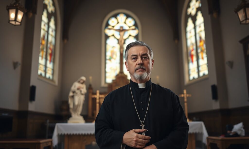 Biskup Adam Wodarczyk w tradycyjnym kościele katolickim z rzeźbą Serca Pana Jezusa i krzyżem na tle. Scena symbolizuje tradycyjną katolicką pobożność i duchowe dziedzictwo ks. Franciszka Blachnickiego.