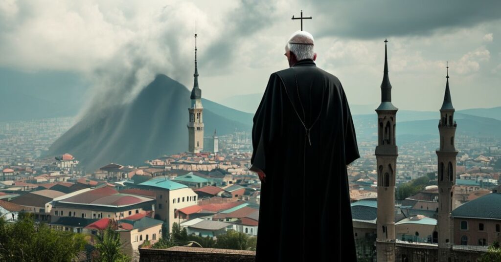 Biskup w tradycyjnych szatach liturgicznych stoi przed panoramą Tirany w Albanii, z widokiem na meczety i świeckie budynki. Scena symbolizuje walkę duchową między prawdziwym katolicyzmem a modernistycznymi kompromisami.