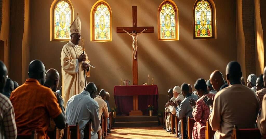 Obraz przedstawiający biskupa afrykańskiego w tradycyjnych szatach liturgicznych stojącego przed krzyżem z grupą pokutujących poligamistów klęczących w modlitwie, szukających nawrócenia. Scena rozgrywa się w prostym kościele afrykańskim z ciepłym światłem słonecznym przenikającym przez witraże.