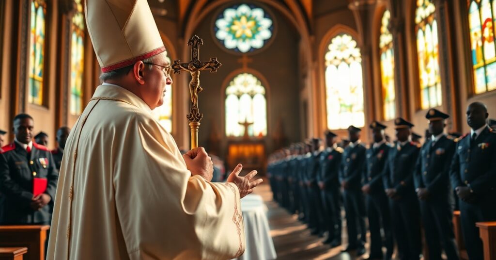 Biskup katolicki w stroju liturgicznym oraz afrykańscy oficerowie wojskowi w katedrze podczas ważnego spotkania dotyczącego prawa naturalnego i obrony tradycyjnych wartości katolickich.