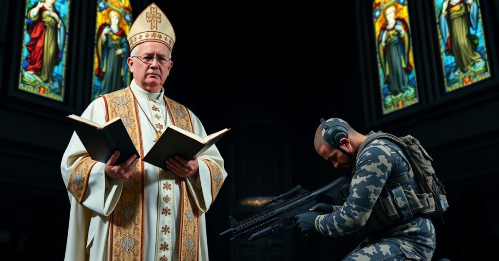 Biskup w tradycyjnych szatach kościelnych trzyma książkę z tytułem 'Magnifica Humanitas', podczas gdy żołnierz z bronią AI klęczy przed nim w ciemnym kościele z witrażami Chrystusa Króla.
