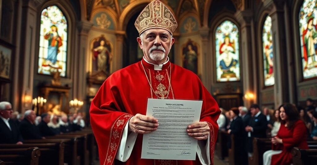 Tradycyjny katolicki biskup w liturgicznych szatach stoi w historycznym kościele w Albanii