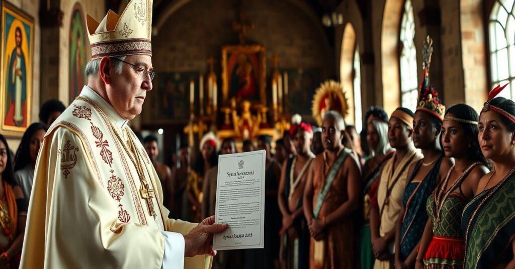 Biskup katolicki w tradycyjnym stroju liturgicznym stoi przed rdzennymi mieszkańcami Amazonii w ciemnej kościele z ikonami i relikwiami. Scena ukazuje konflikt między autentyczną tradycją katolicką a synkretyzmem promuowanym przez Synod Amazoński.