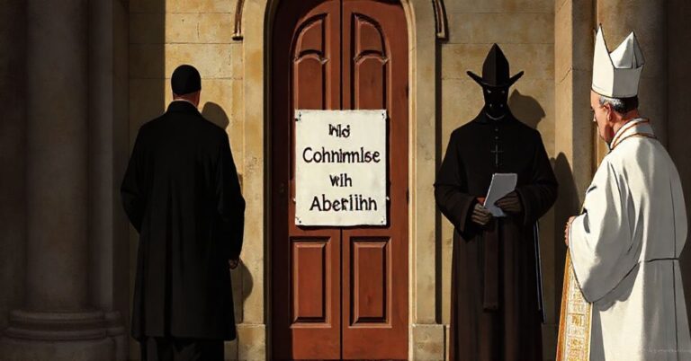 Biskup w pełnym stroju liturgicznym stoi przed zamkniętymi drzwiami kościoła z napisem 'Bez kompromisu z aborcją' w tle, podczas gdy cieniowi negocjatorzy rozmawiają z władzami świeckimi.