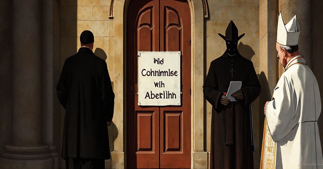 Biskup w pełnym stroju liturgicznym stoi przed zamkniętymi drzwiami kościoła z napisem 'Bez kompromisu z aborcją' w tle, podczas gdy cieniowi negocjatorzy rozmawiają z władzami świeckimi.