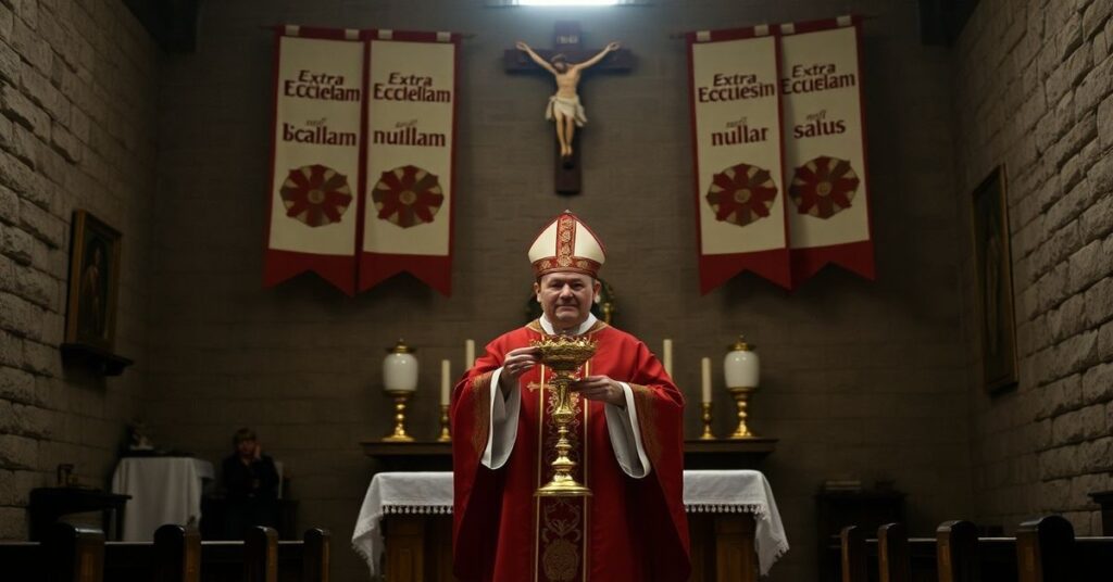 Tradycyjny ołtarz katolicki z biskupem Andrejem Czają w szatach liturgicznych trzymającym monstrancję z Najświętszym Sakramentem.