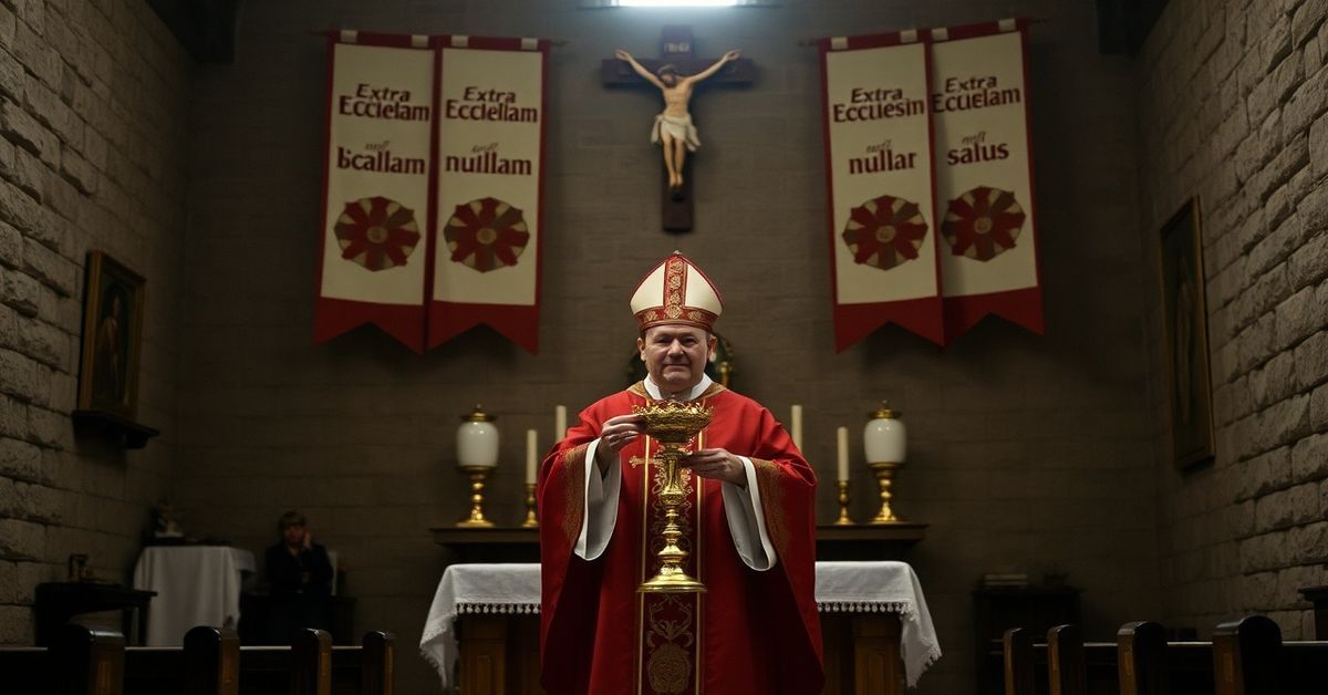Tradycyjny ołtarz katolicki z biskupem Andrejem Czają w szatach liturgicznych trzymającym monstrancję z Najświętszym Sakramentem.