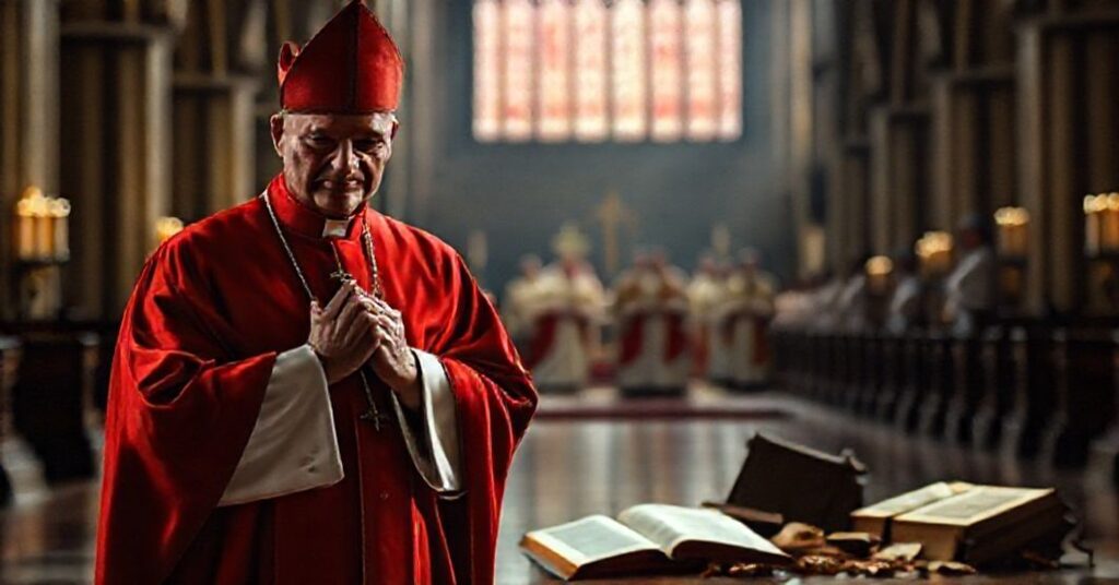 Biskup w tradycyjnych szatach liturgicznych na tle ekumenicznej ceremonii, symbolizujący zdradę wiary katolickiej.