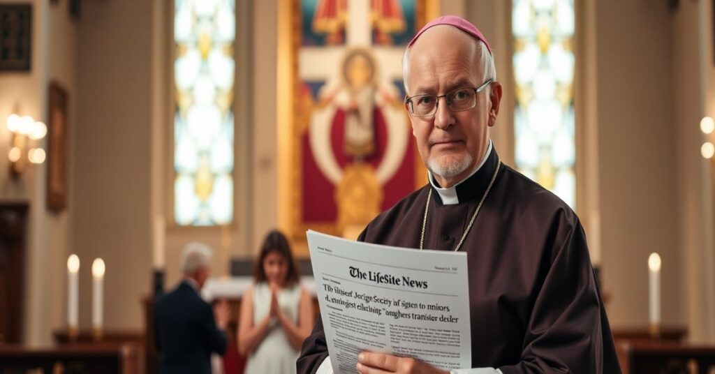 Biskup w tradycyjnych szatach kościelnych trzymający artykuł o stanowisku Amerykańskiego Towarzystwa Chirurgów Plastycznych wobec 'zmiany płci' u dzieci, z tłem przedstawiającym dzieci modlące się w kościele.